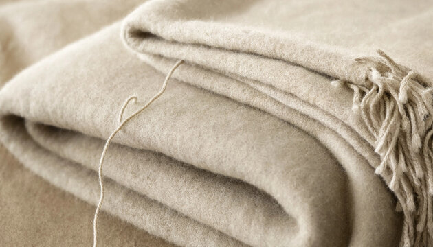 Close-up of a soft folded oatmeal cashmere wool blanket with fringe detail and luxury texture