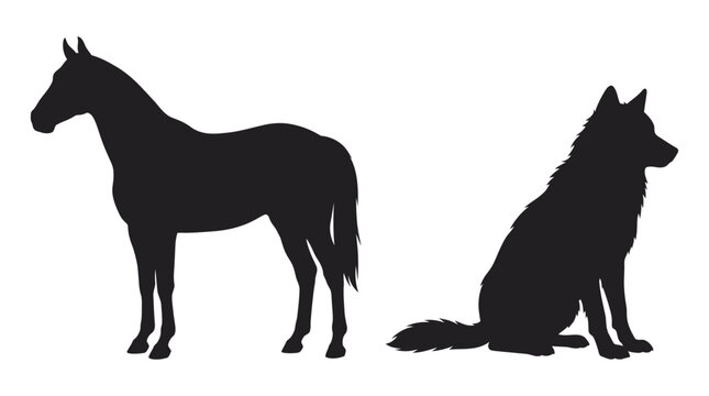 Horse And Wolf Silhouettes Against A White Background Silhouette