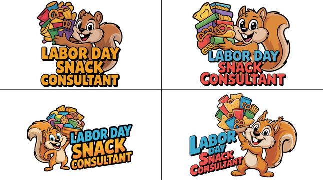 Labor Day Snack Consultant squirrel cartoon, funny holiday food mascot vector set, cute animal holding snacks and treats illustration
