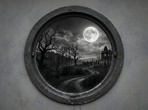 View of spooky house and cemetery under full moon through round nautical style wooden window frame.