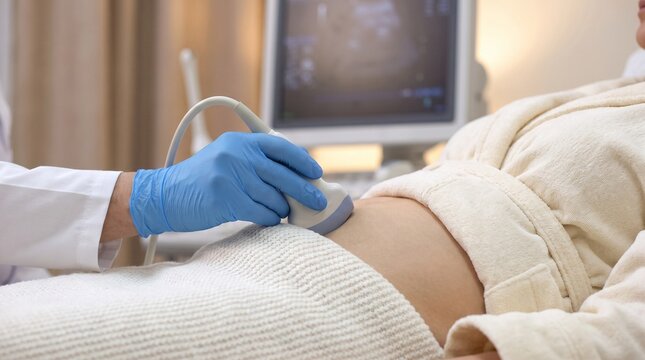 Obstetrics. Doctor performing an abdominal pregnancy ultrasound to monitor fetal development and maternal health during a prenatal examination