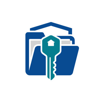Blue house key icon graphic symbol.
