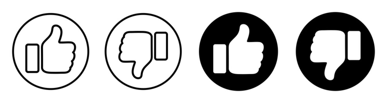 Like and dislike button icon set with thumbs up and thumbs down symbols. Feedback and rating icons in outline and solid circle for reviews, voting, app and web UI