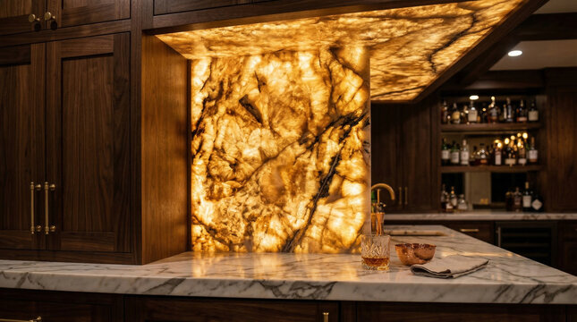 Illuminated Bar with Amber Onyx: A modern home bar features dark wood cabinetry and a striking backlit onyx column, casting a warm, amber glow over the polished marble countertop.