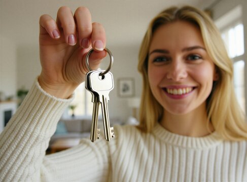Smiling blonde woman holds house keys. She just bought new home or apartment. Represents real estate success and happy homeowner milestone. Represents happy homeowner.