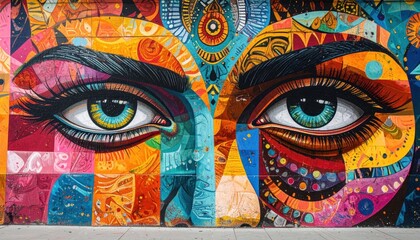 Fototapeta premium Close-up of vibrant mosaic style street art face mural.