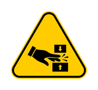 Crushing hazard warning sign icon with pinch point symbol. Hand crush signage for machinery, workplace safety and industrial equipment