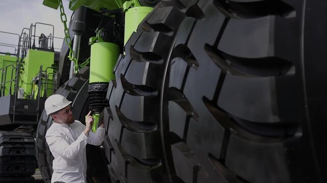 Worker inspecting giant industrial tire of mining truck on construction site.