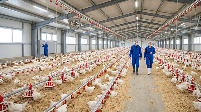 Two workers inspect rows of chickens in a large poultry farm warehouse
