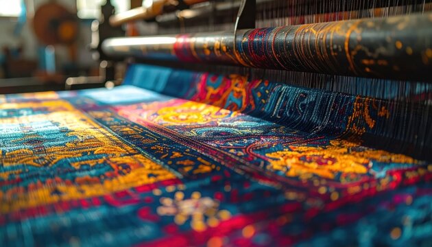 Close up of vibrant textile weaving on industrial loom.