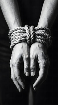 Tied hands in darkness rope bound
