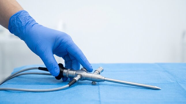 Gloved hand preparing a rigid cystoscope on a sterile blue drape for minimally invasive urological examination, bladder inspection, and endoscopic diagnosis.