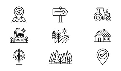Minimal Country Line Icon Collection with Rural Farm Tractor Eco Factory and Location Navigation Symbols © Tul
