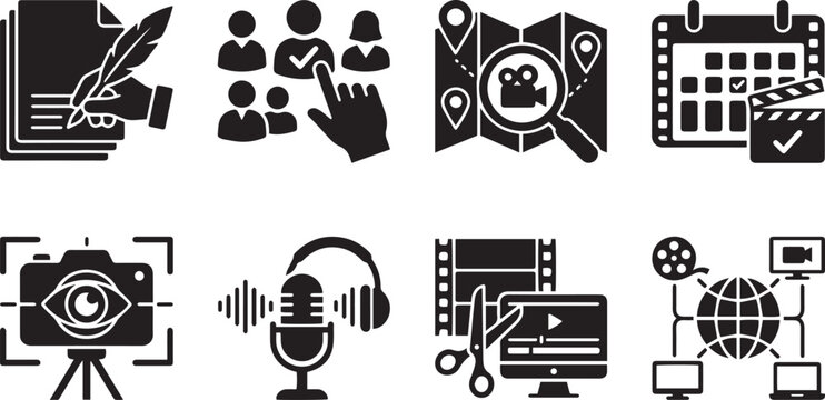 Video Production and Filmmaking Solid Icon Pack, Minimalist Media Journalism Silhouette Vector Concept Elements, Creative Movie Scriptwriting, Cast Audition Selection, Location Scouting Map, and Film 