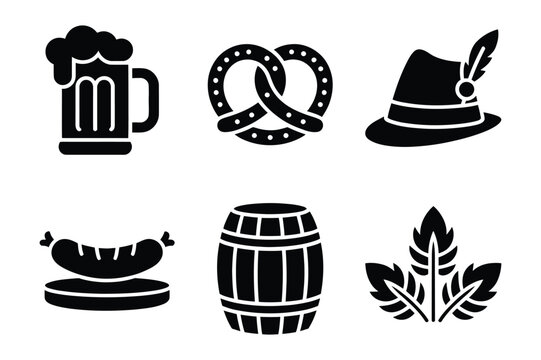 Traditional german oktoberfest food and beverage vector icon set with oktoberfest