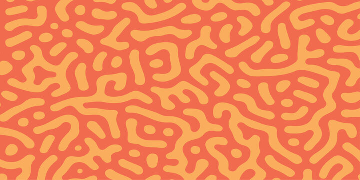 Abstract turing pattern background with orange maze or coral like organic structures on a warm terracotta backdrop. Reaction diffusion organic structures, a bright orange labyrinthine design