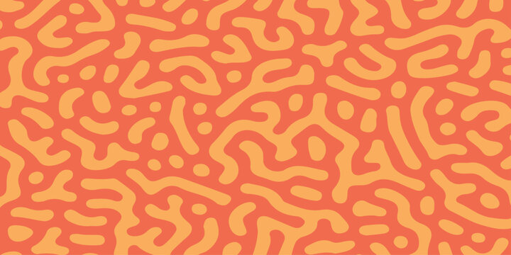 Abstract turing pattern background with orange maze or coral like organic structures on a warm terracotta backdrop. Reaction diffusion organic structures, a bright orange labyrinthine design