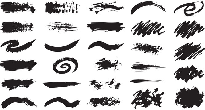 Grunge Paint Brush Stroke and Ink Splatter Pack, Textured Black Silhouette Vector Design Elements, Abstract Acrylic Smudges, Chaotic Charcoal Scribbles, Swashes, and Calligraphy Spiral Vortex Set