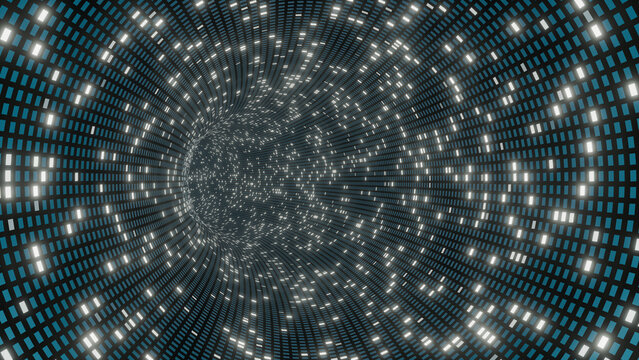 Abstract 3D digital blue vortex tunnel background. Geometric mosaic grid texture with glowing white data blocks representing high speed acceleration and cloud network infrastructure.