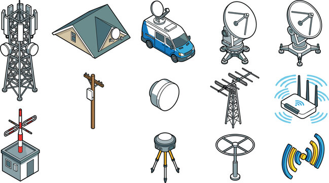 Isometric Telecommunication and Wireless Network Asset Icon Set with Cellular Towers Satellite Dishes Broadcast Van Router and Signal Waves