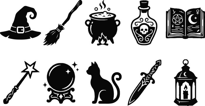 Black silhouette magic witchcraft icons
