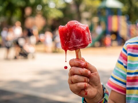 Red fruit popsicle ice lolly melting in hand