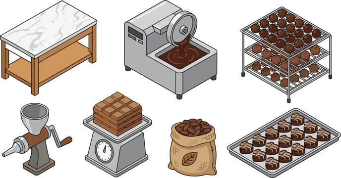 Isometric Chocolate Confectionery Maker Equipment Set with Melting Machine Cooling Racks Kitchen Scale Cocoa Sack Hand Grinder and Sweet Pralines