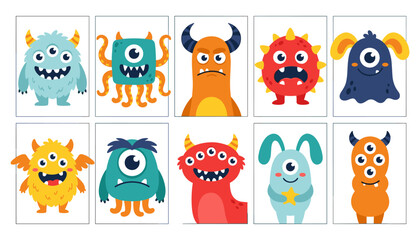 Fototapeta premium Halloween vector monsters set cute cartoon creatures for kids party decorations
