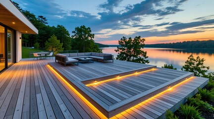 Fototapeta premium Modern grey wood deck with built-in orange lights and sectional sofa overlooks calm lake at sunset. Outdoor living space features contemporary furniture for relaxation and entertaining near water.