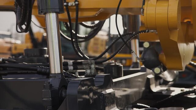 Hydraulic piston and cylinder movement on construction machinery at industrial site during daytime.