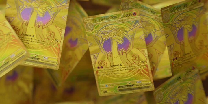 pile of gold mega charizard ex pokemon cards, english tcg version, with motion blur