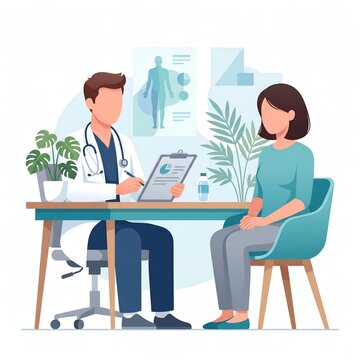 Primary Healthcare Appointment with Doctor and Patient Flat Vector Illustration