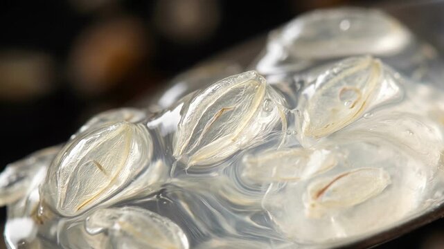 Psyllium fiber husks swelling into clear gel in water macro
