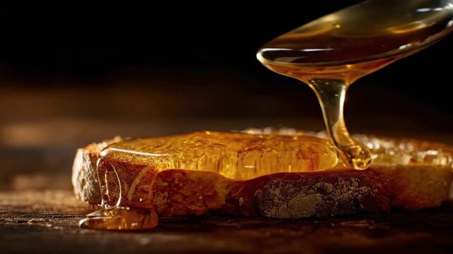 Golden honey pouring from a metal spoon onto a slice of crusty rustic bread for a healthy breakfast concept and gourmet food photography with dark moody lighting