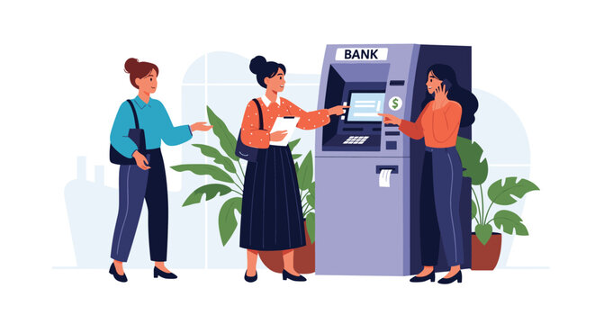 Group of diverse women standing in a queue to use an automated teller machine at a local bank for cash withdrawal and transactions.