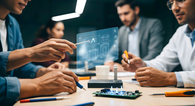 Engineers collaborating on a new project using advanced holographic technology and electronic components.