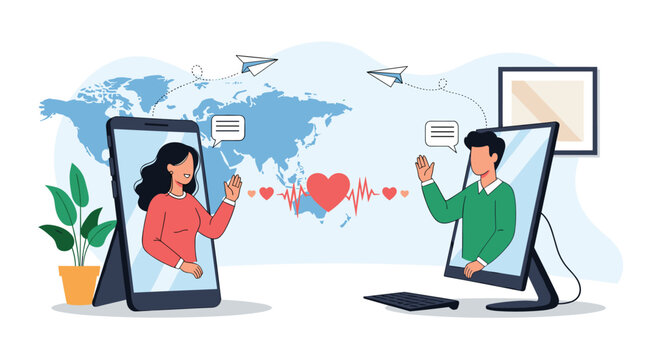 Couple in a long distance relationship video calling each other on their phone and computer across a world map with heart symbols.