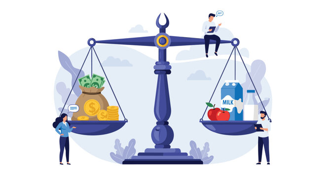 Scales of justice balancing a bag of money against basic food items like milk and apples representing inflation and cost of living.