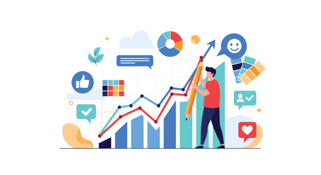 Businessman drawing a rising sales growth graph with a giant yellow pencil representing creative marketing and business success.