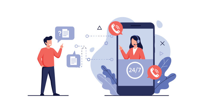 Customer support concept with a man talking to a female agent on a large smartphone screen providing 24/7 online help and service.