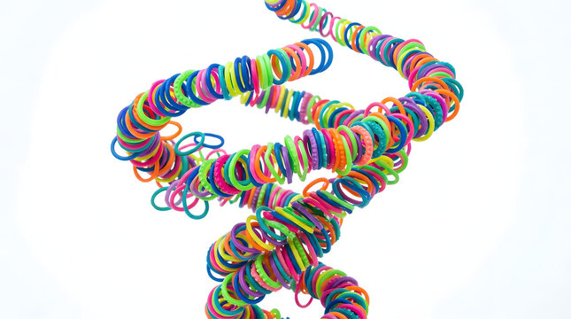 Artistic spiral formation of small multicolored orthodontic elastic rubber bands for dental braces, showing an assortment of rainbow colors used for orthodontic bite correction.