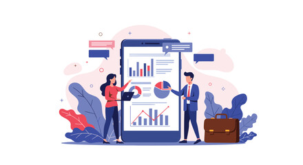 Fototapeta premium Business professionals analyzing financial data and growth charts displayed on a large smartphone screen in an office.