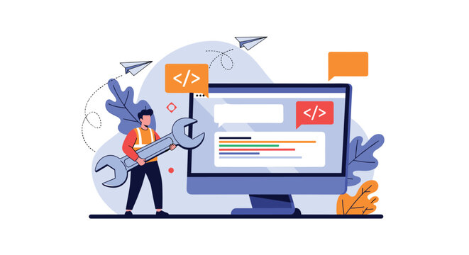 Web developer performing maintenance and fixing technical issues on a website with a large wrench and coding tools.