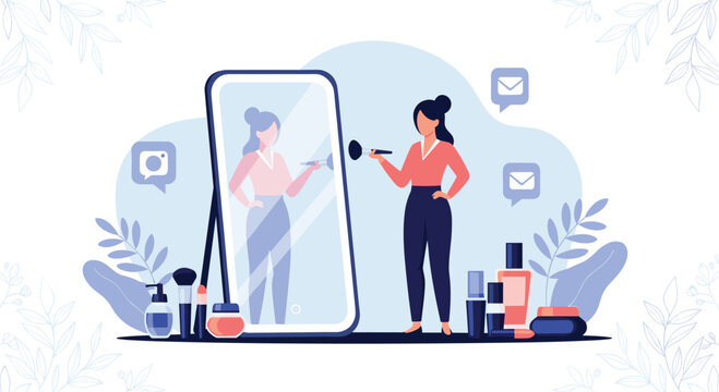 Beauty influencer applying makeup while recording a video tutorial using a smartphone mirror and social media tools.