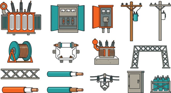 Electrical Substation and Power Grid Infrastructure Icon Set with High Voltage Transformers Control Cabinets Utility Poles Cables and Engineering Components