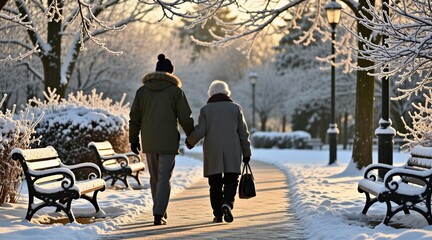 Fototapeta premium Elderly couple holds hands walking on snowy park path. Snow covers trees, benches, lampposts. Winter park scene with warm sunlight. Companionship, older people enjoying winter nature.