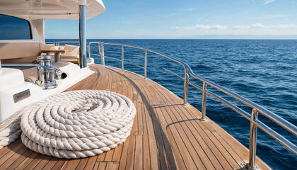Luxury Yacht Wooden Teak Deck with Coiled Marine Rope Sailing on Blue Sea