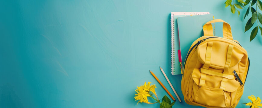 Yellow backpack on isolated blue background