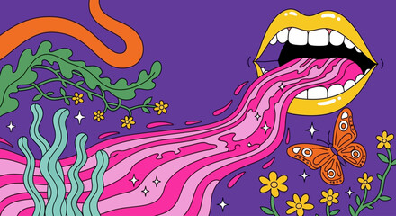 Vibrant, psychedelic illustration, colorful mouth, floral pattern, abstract art © Vasant
