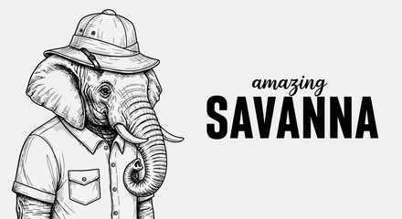 Vector safari elephant illustration, amazing savanna animal designs, black and white line art, wildlife graphics © Vasant